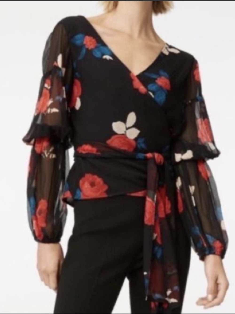 Club Monaco Wrap Blouse in Black Floral  Lined size XS